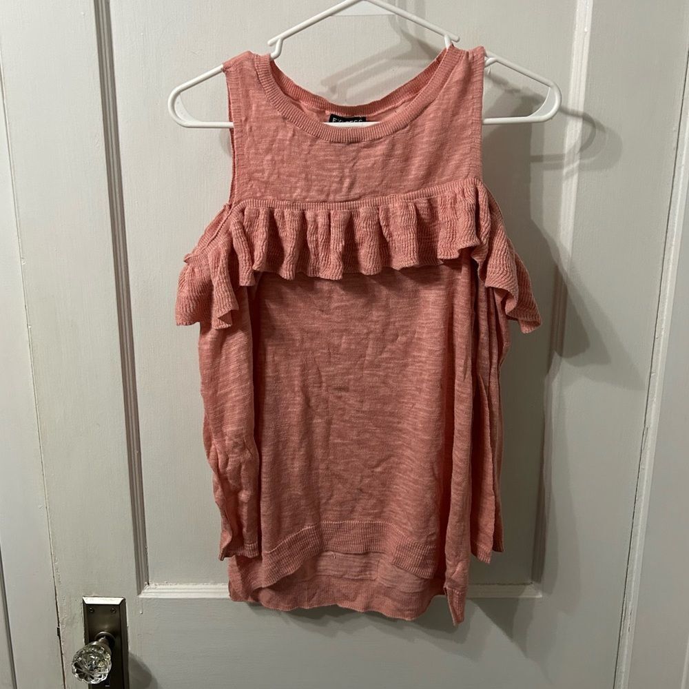 Express Pink Ruffle Cold Shoulder Top - Picture 2 of 5